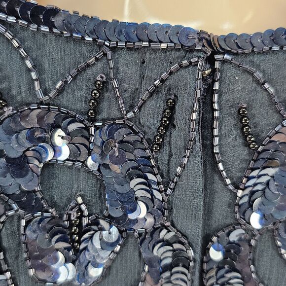 PAPELL Boutique Evening Navy Sequin Beaded Silk Scalloped Hem Blouse Top Size M - Picture 3 of 12